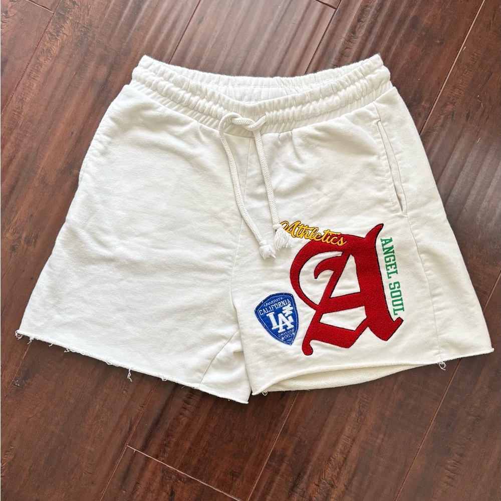 White Bershka Athletic Shorts with Red and Blue Patches